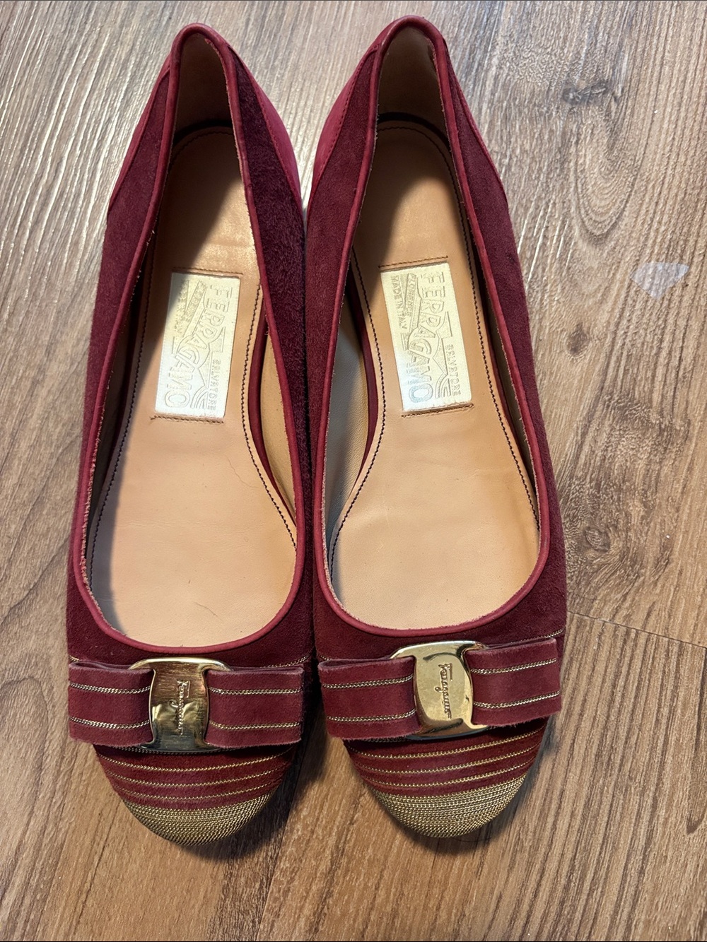Salvatore Ferragamo Wine Red Suede & Striped Toe Vara Bow Flats